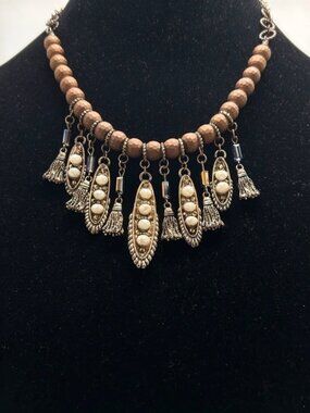 Vintage, Wood, Gold And White Crystal Boho Necklace